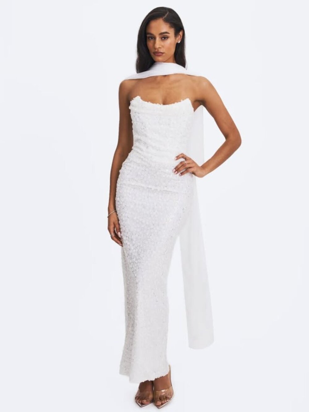 MISS CIRCLE Myra White Beaded Mesh Strapless Wedding Dress